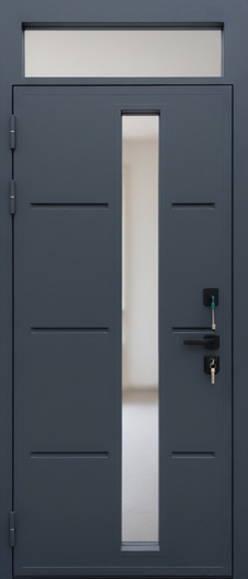 Уличная термодверь с остекленной фрамугой, выдавленным рисунком и полимерной покраской антрацит